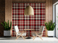 Traditional plaid wallpaper in rich crimson tones for cozy, timeless interiors.