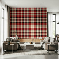 Classic plaid wallpaper in deep red and crimson hues for a sophisticated look.