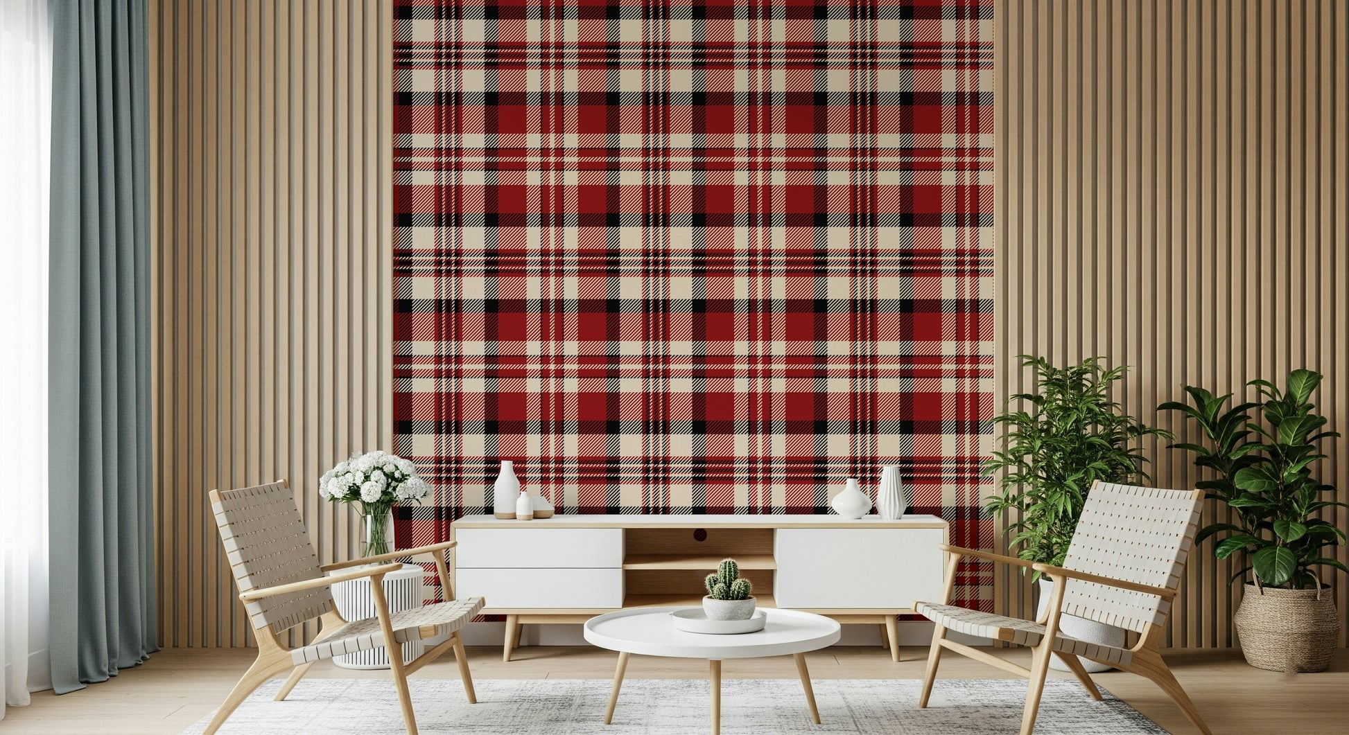 Bold crimson tartan wallpaper for accent walls or full room decoration.