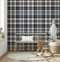 Classic navy plaid wallpaper perfect for accent walls or full room decor.