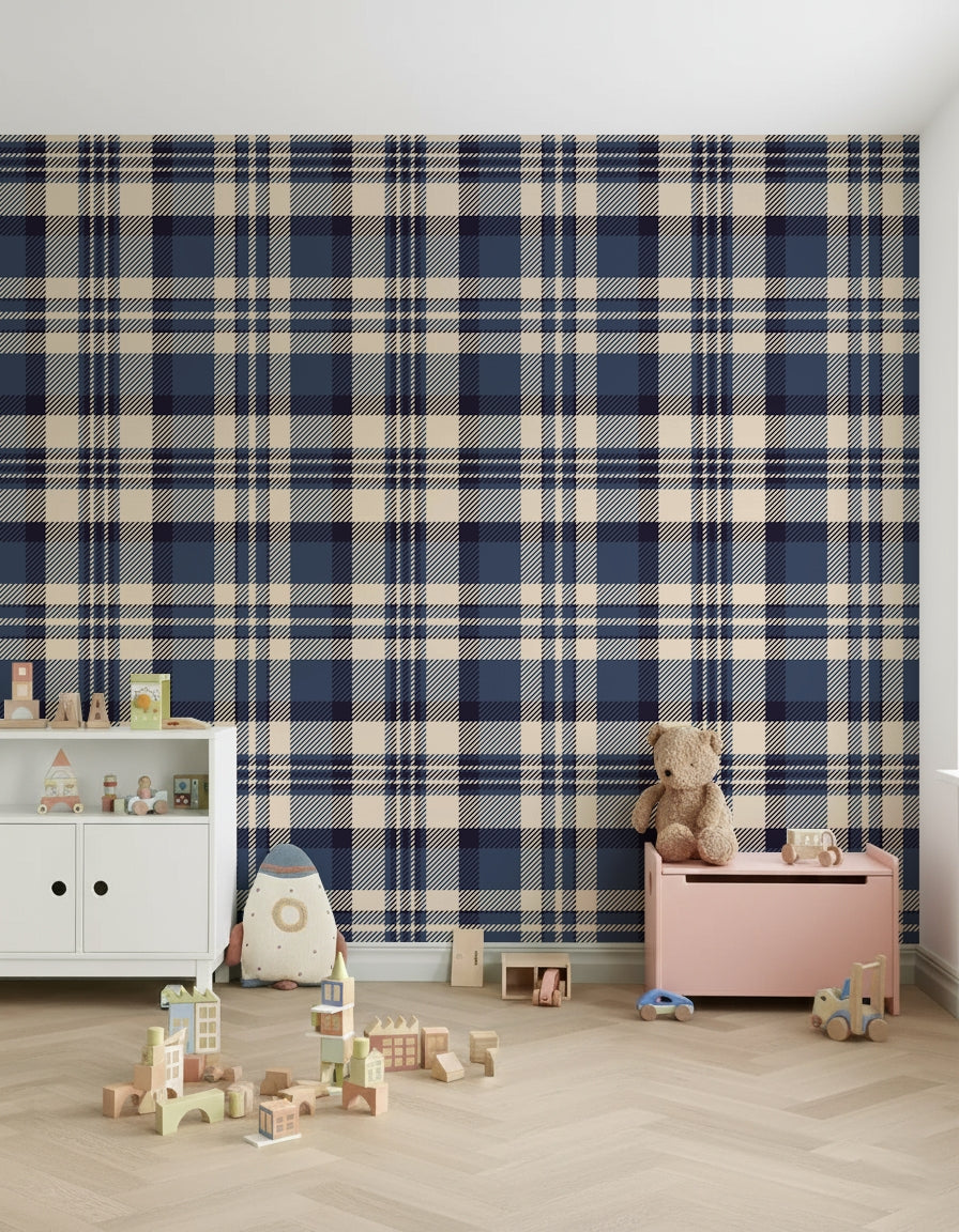 Traditional tartan wallpaper in navy tones for a cozy, timeless interior look.