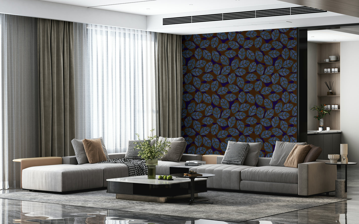Moody leaf-patterned wallpaper in dark tones for bedrooms, living rooms, or offices.
