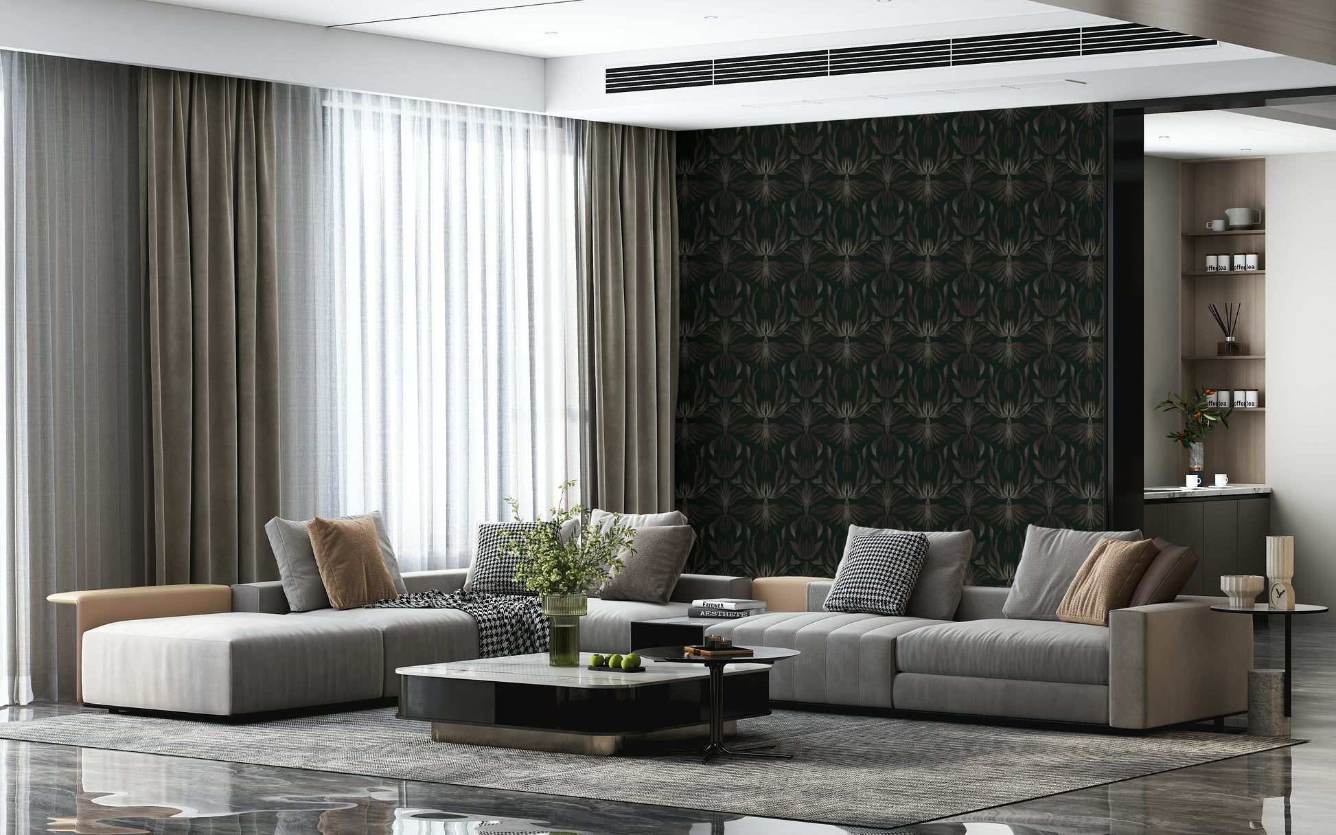 Bronze floral wallpaper featuring detailed, whimsical patterns for home decor.