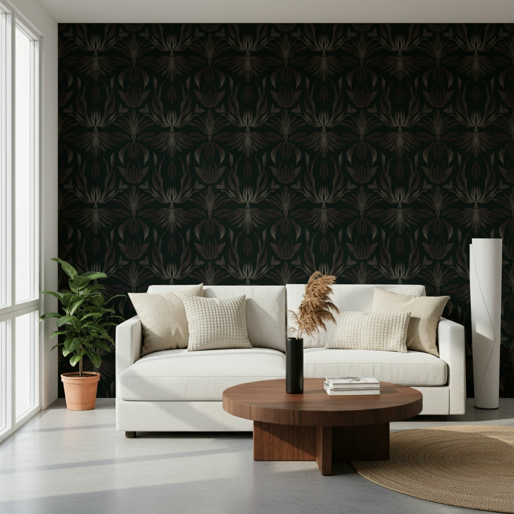 Luxurious bronze wallpaper with floral motifs creating a warm, elegant ambiance.