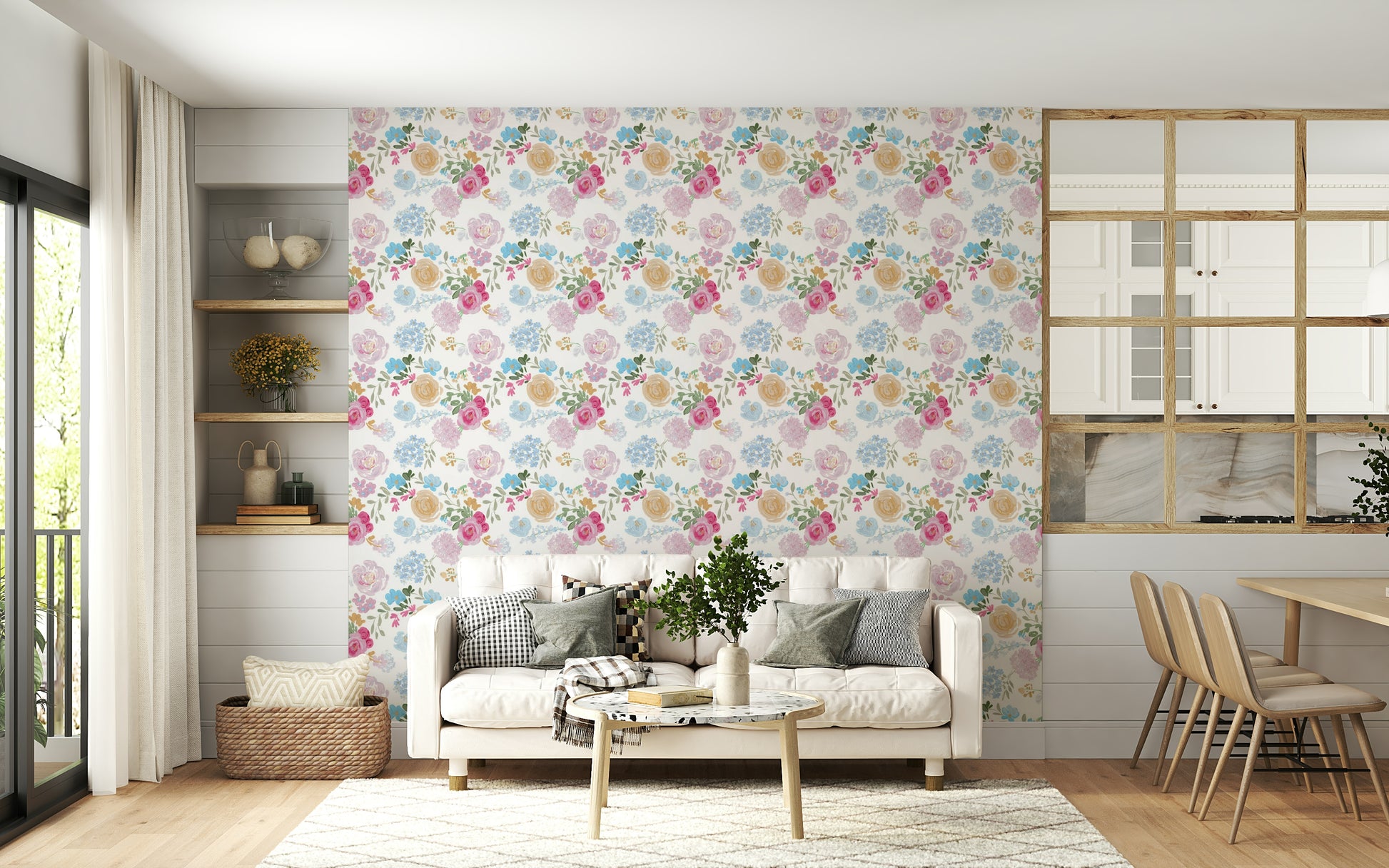 Elegant impasto floral wallpaper in soft pastel tones for a serene interior.