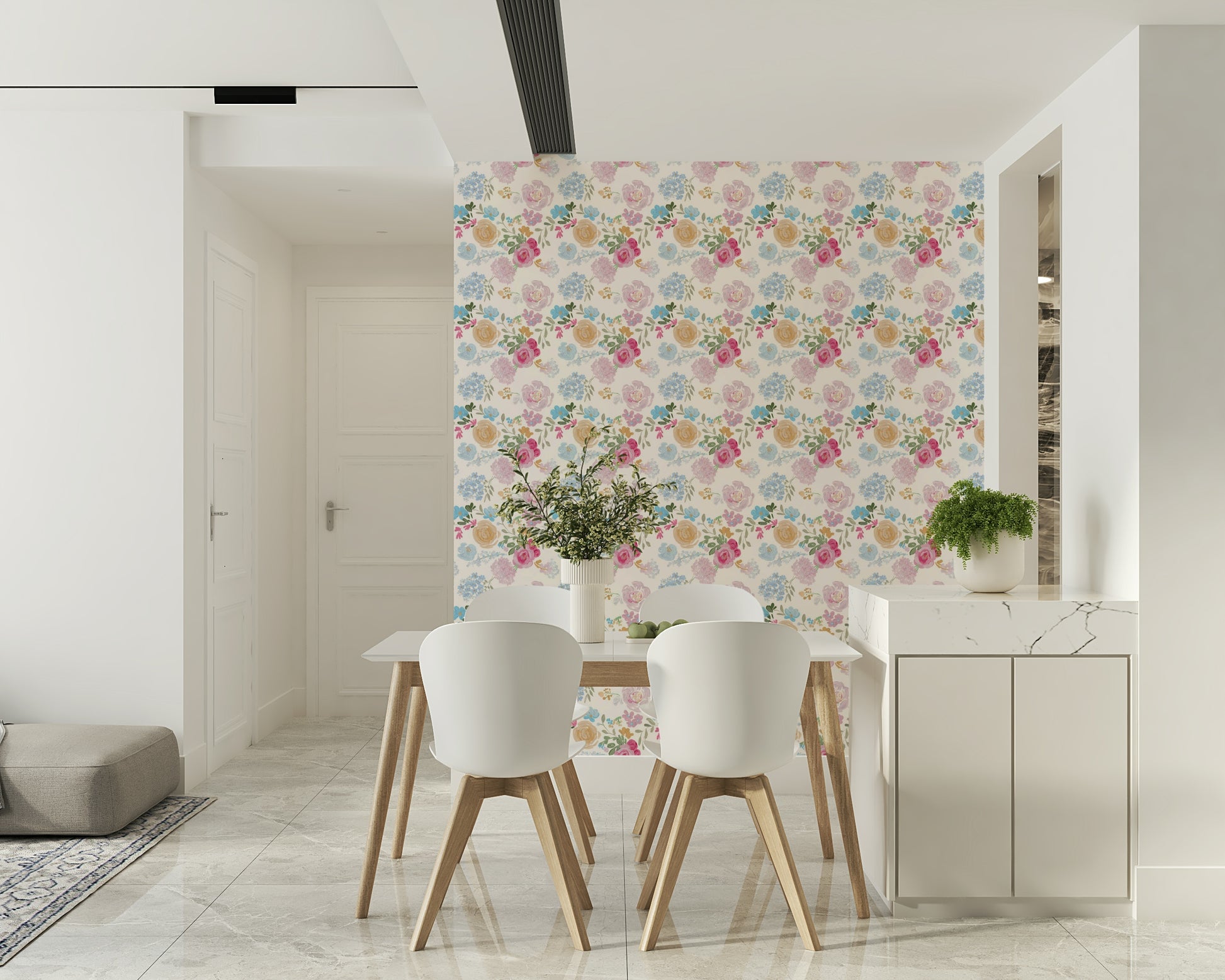 Soft impasto floral wallpaper adding an artistic and calming vibe to interiors.