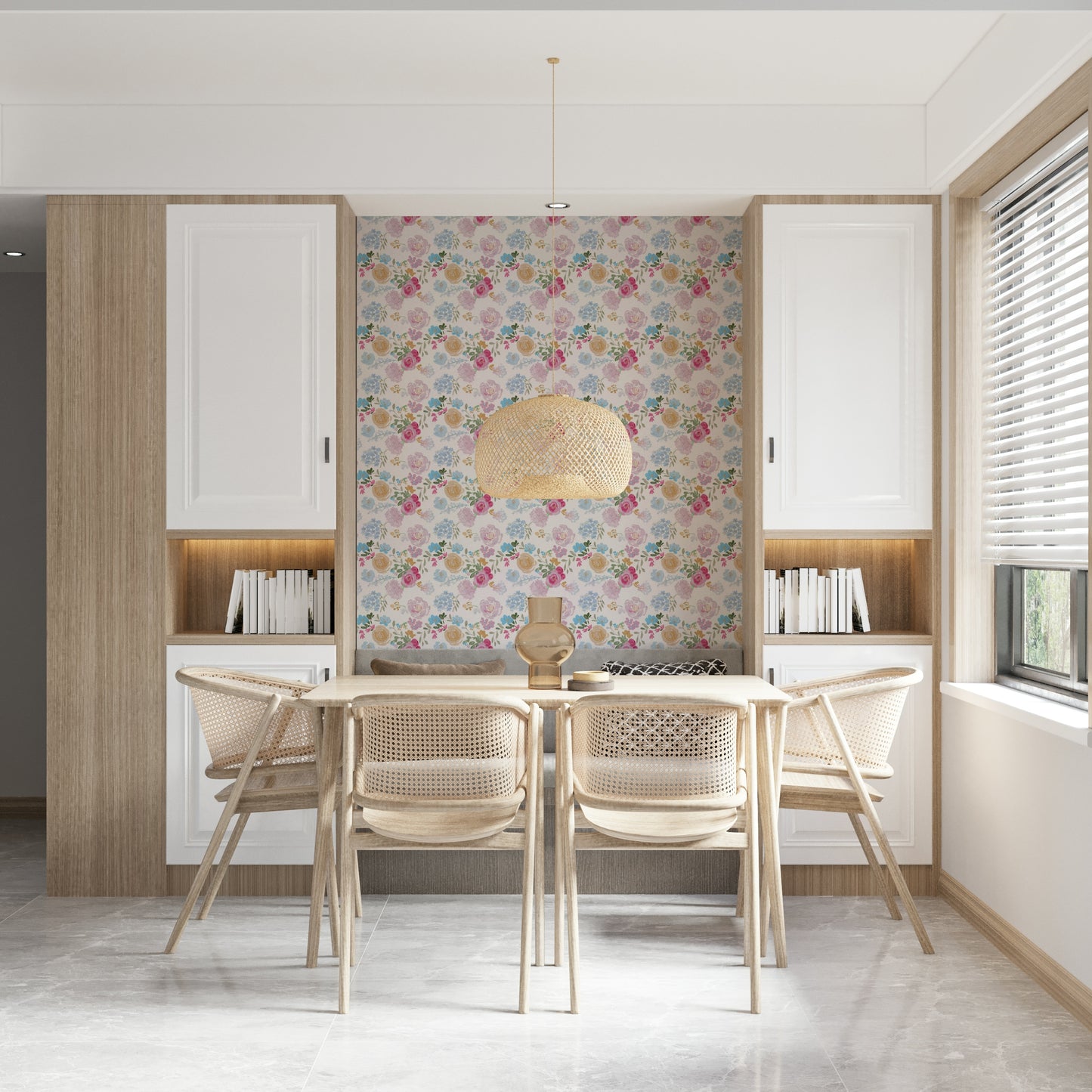 Hand-painted impasto flower wallpaper creating a delicate, painterly wall effect.