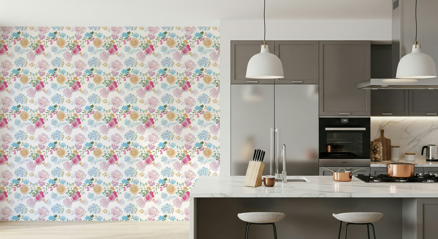 Soft floral wallpaper with hand-painted impasto petals for an artistic wall look.