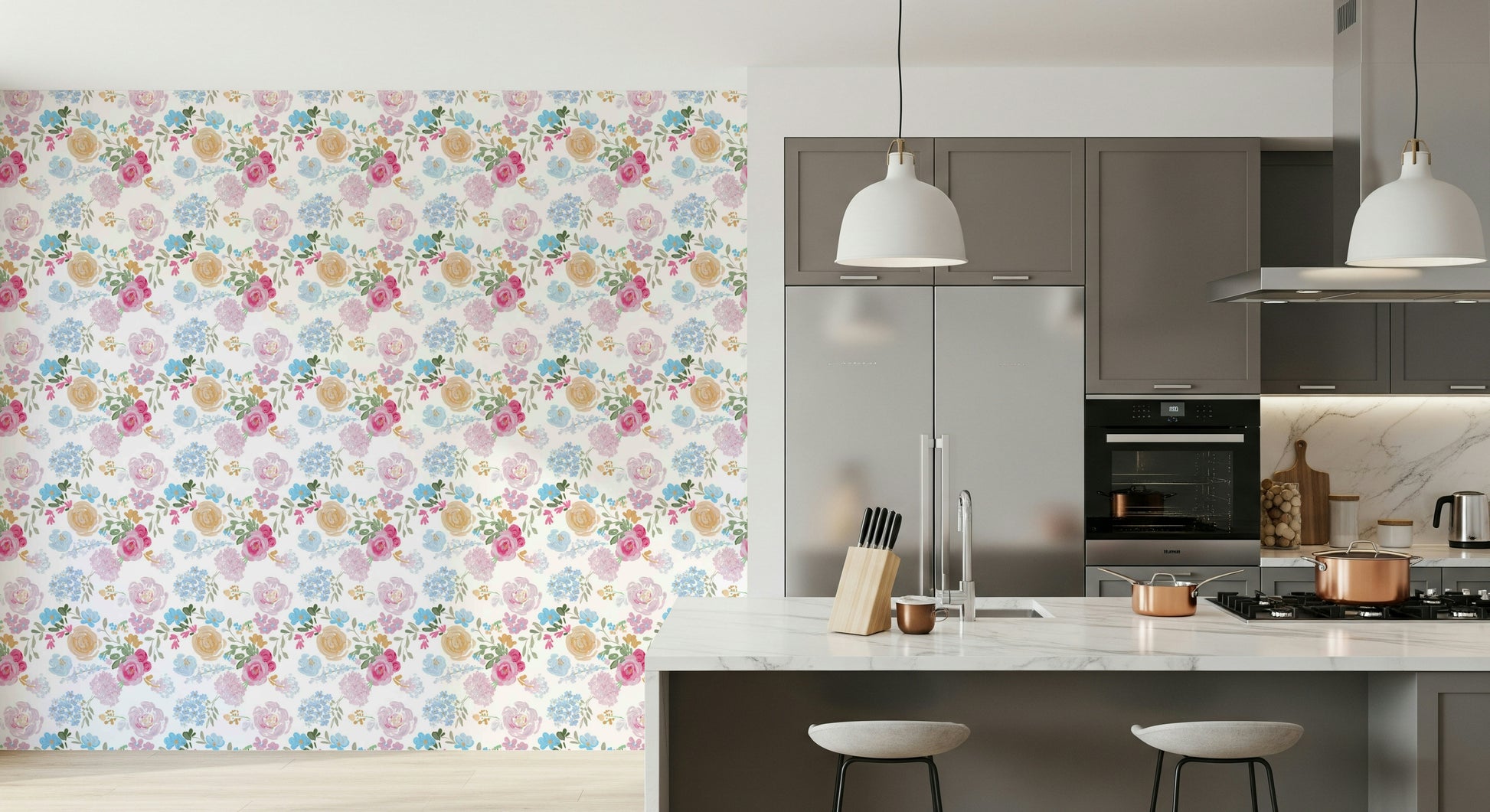 Soft floral wallpaper with hand-painted impasto petals for an artistic wall look.