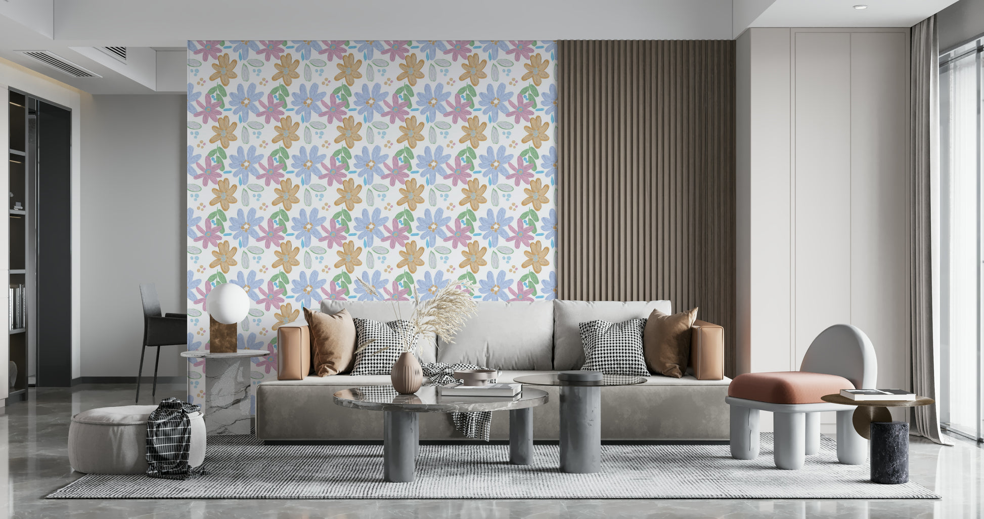 Hand-painted impasto floral wallpaper with a charming, textured look.
