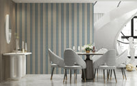 Nautical-themed wall covering with gentle blue stripes for bedrooms or living rooms.