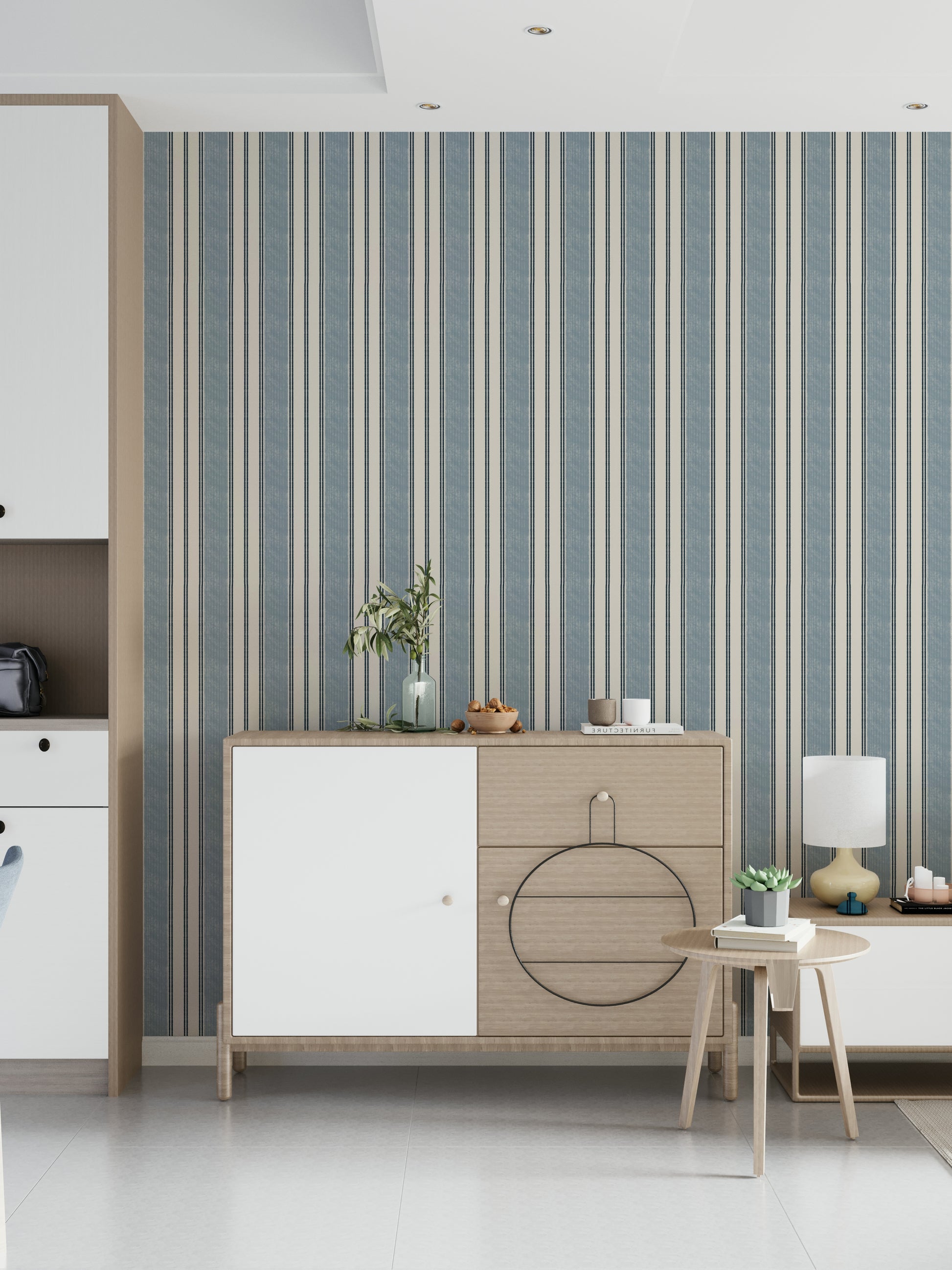 Coastal-inspired wallpaper featuring subtle nautical stripes for a calming atmosphere.