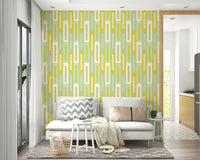 Green-toned maze wallpaper with a modern, abstract design for home interiors.