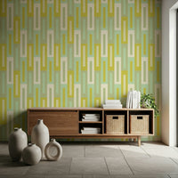 Modern green maze design wallpaper, perfect for accent walls in living spaces.