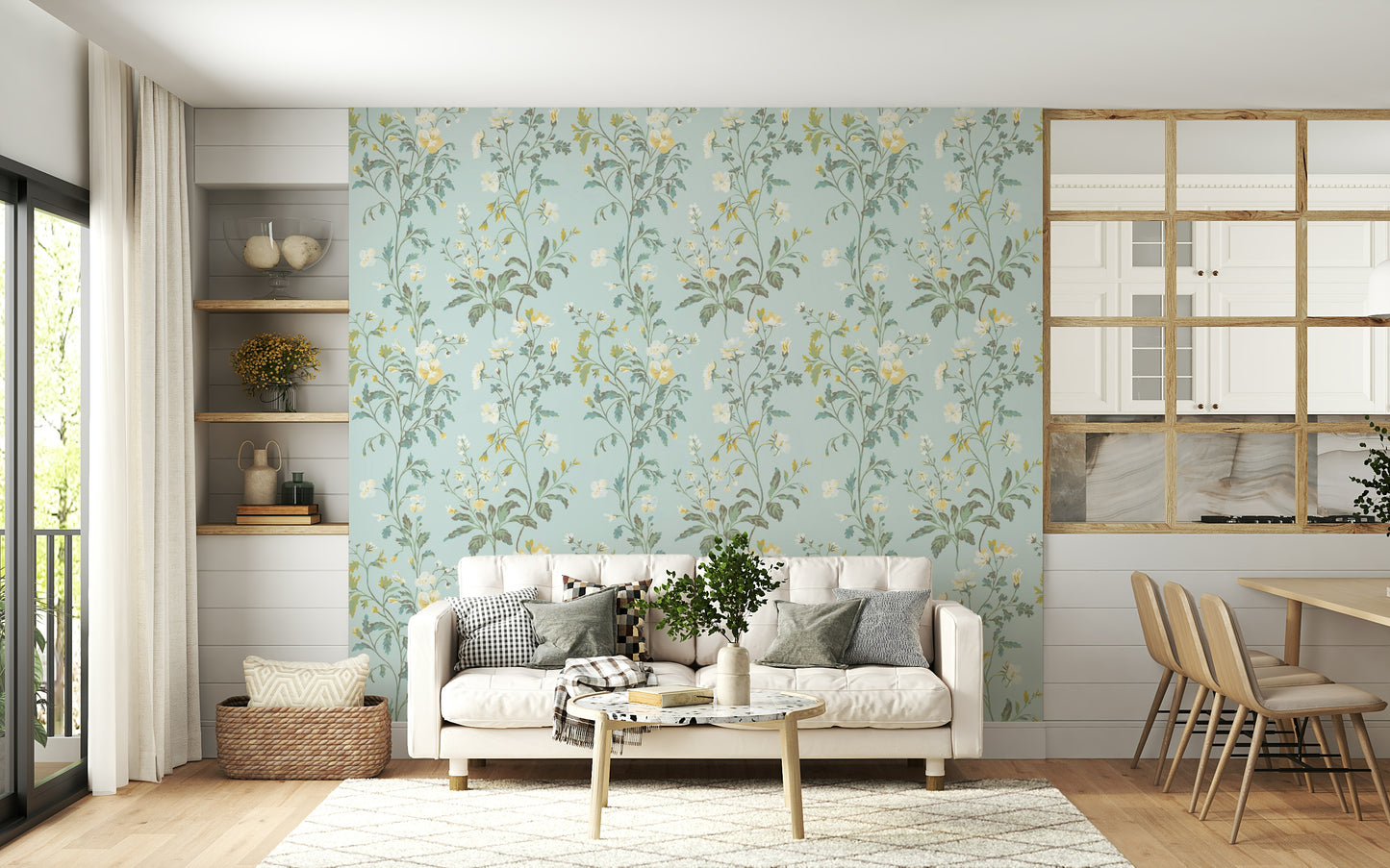 Soft Pastel Botanical Wall Mural – Delicate floral and leaf motifs in soft colors for bedrooms, nurseries, or living spaces.