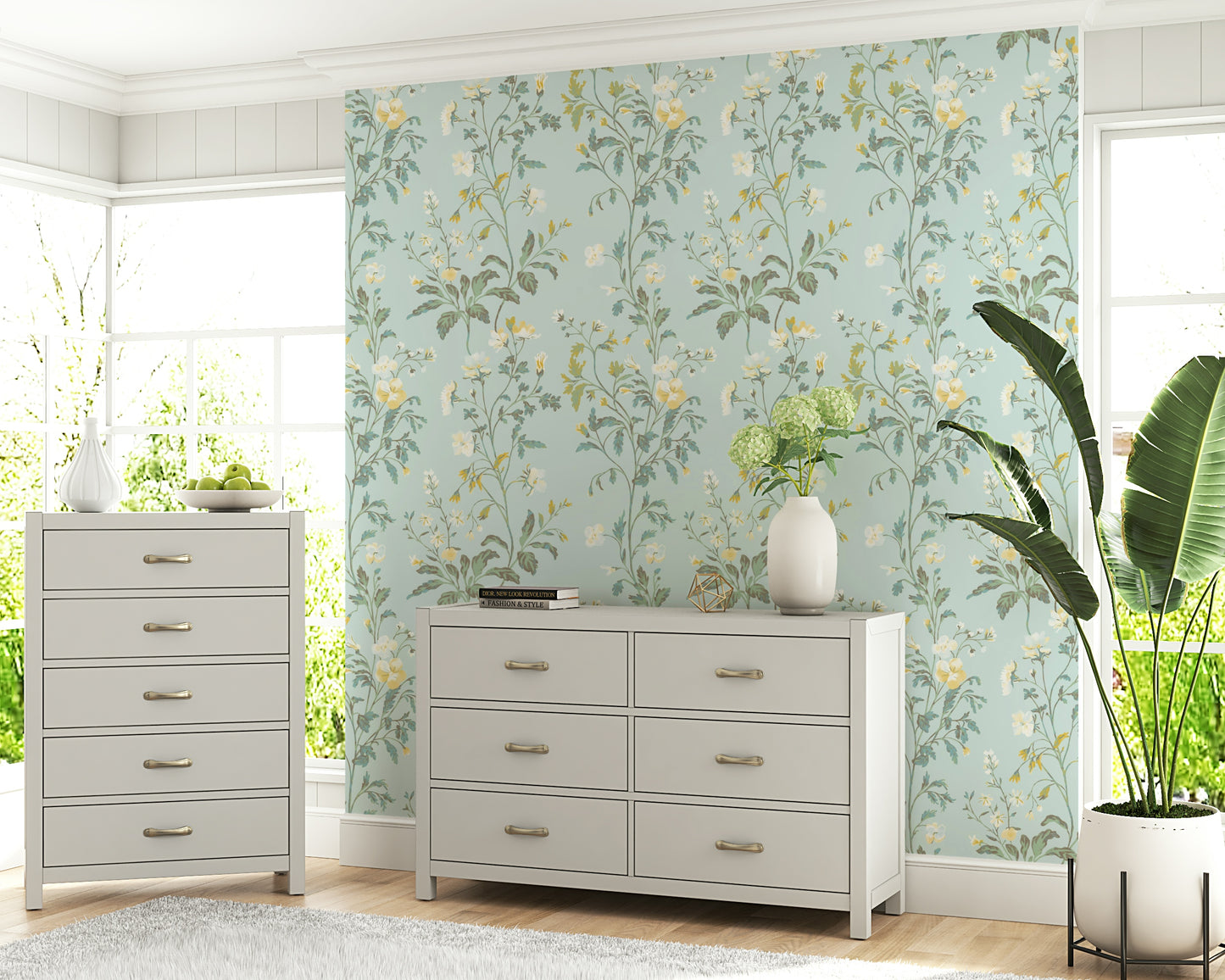 Pastel Floral Wall Mural – Gentle leaves and blooms in muted tones for calming and elegant wall décor.