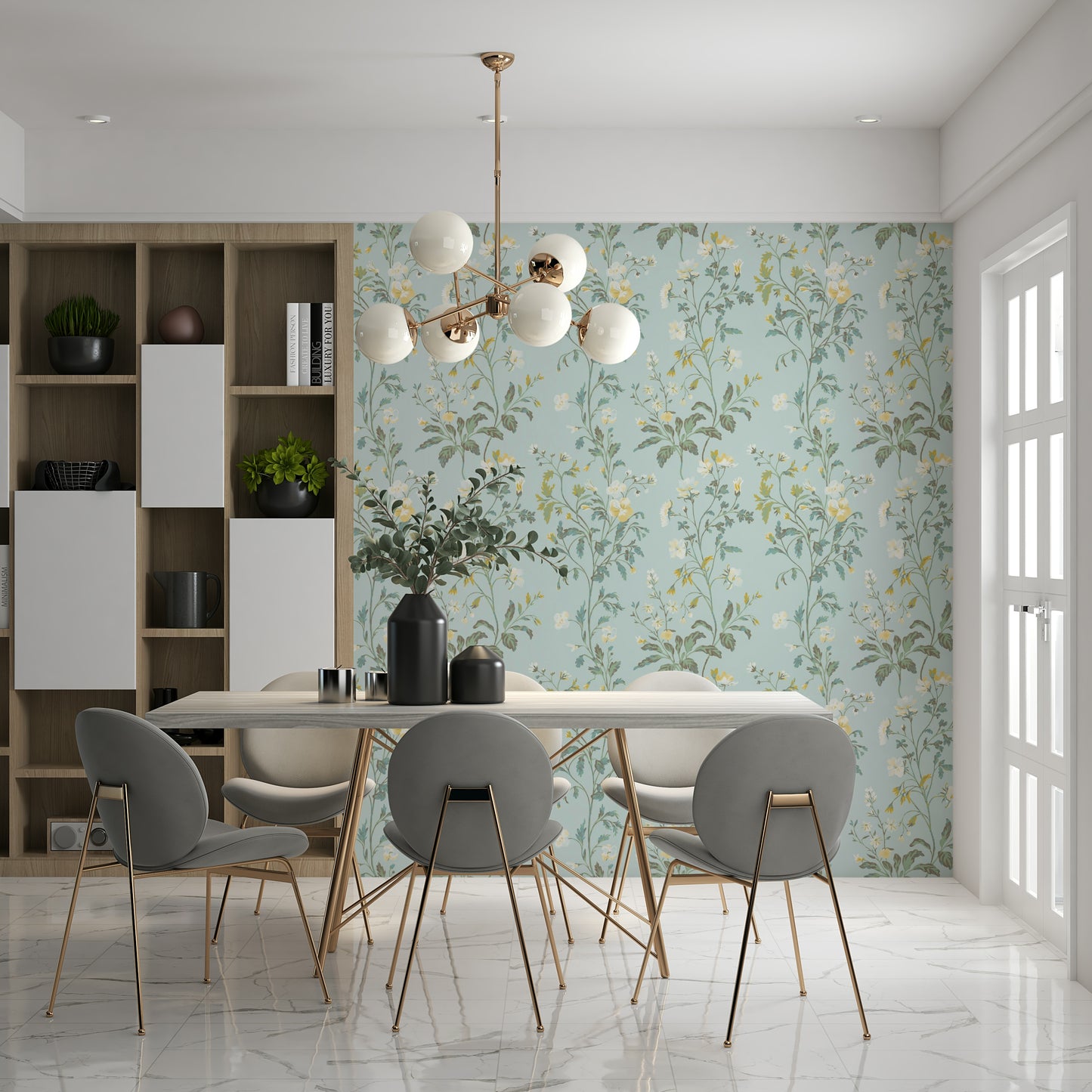 Pastel Garden Wall Mural – Whimsical botanical patterns in muted pastel tones creating a soft, natural ambiance.