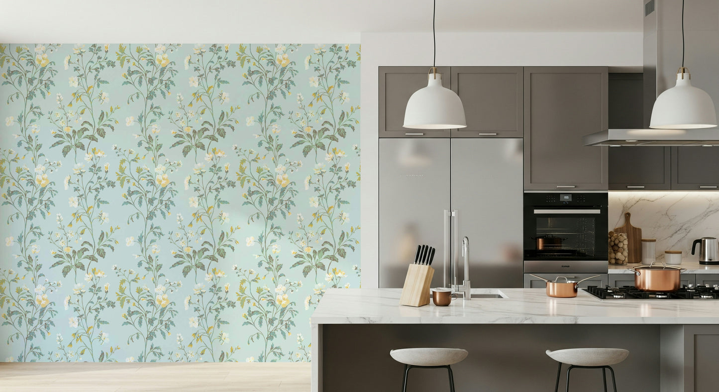 Light Botanical Wallpaper – Serene pastel botanical design with subtle flowers and leaves for peaceful interiors.