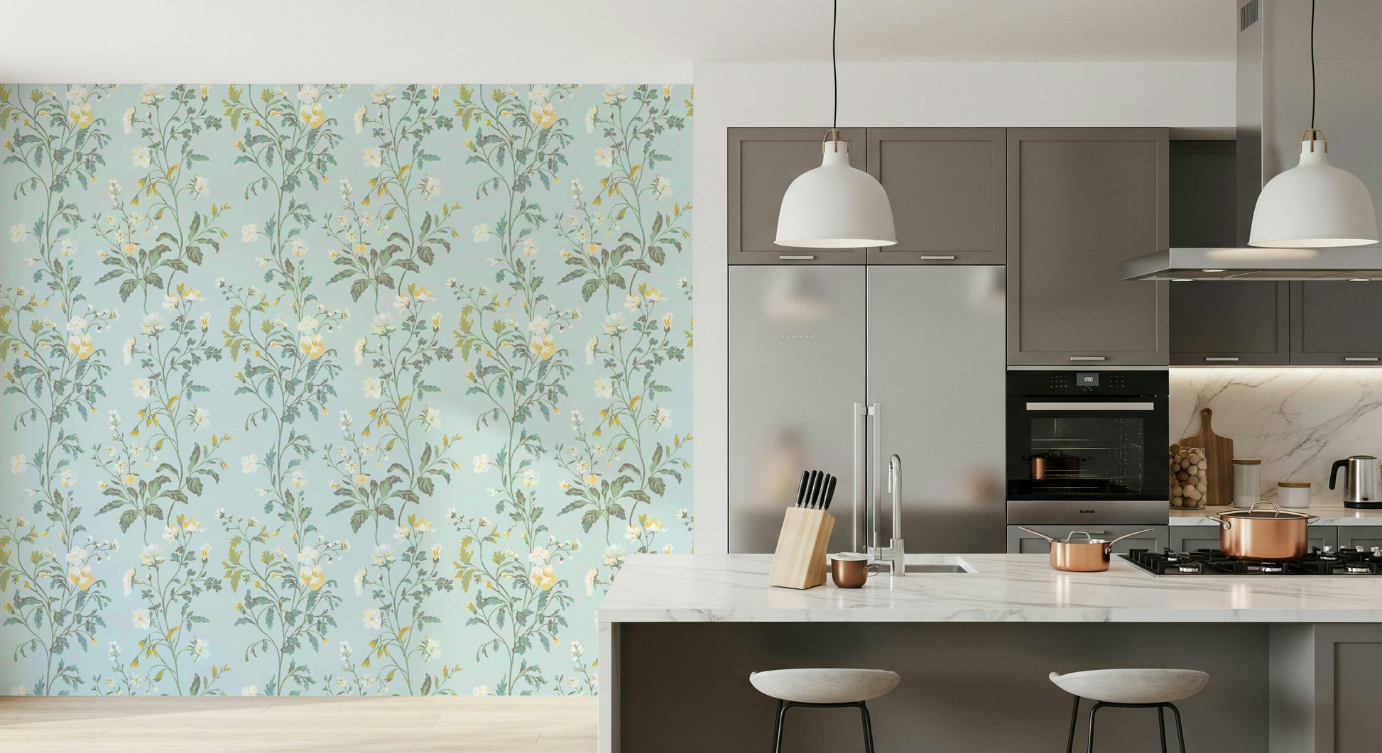 Light Botanical Wallpaper – Serene pastel botanical design with subtle flowers and leaves for peaceful interiors.
