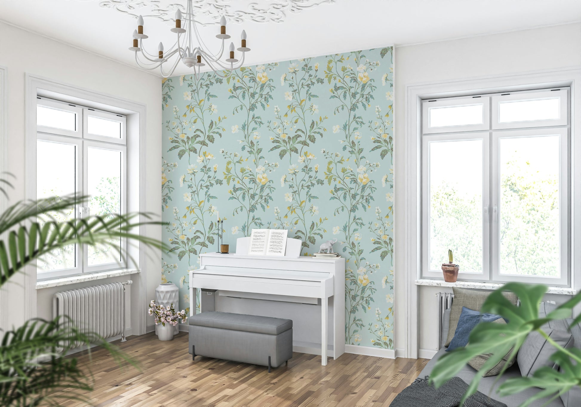Pastel Botanical Dream Wallpaper – Soft pastel foliage and flowers creating a dreamy, serene wall décor for modern interiors.