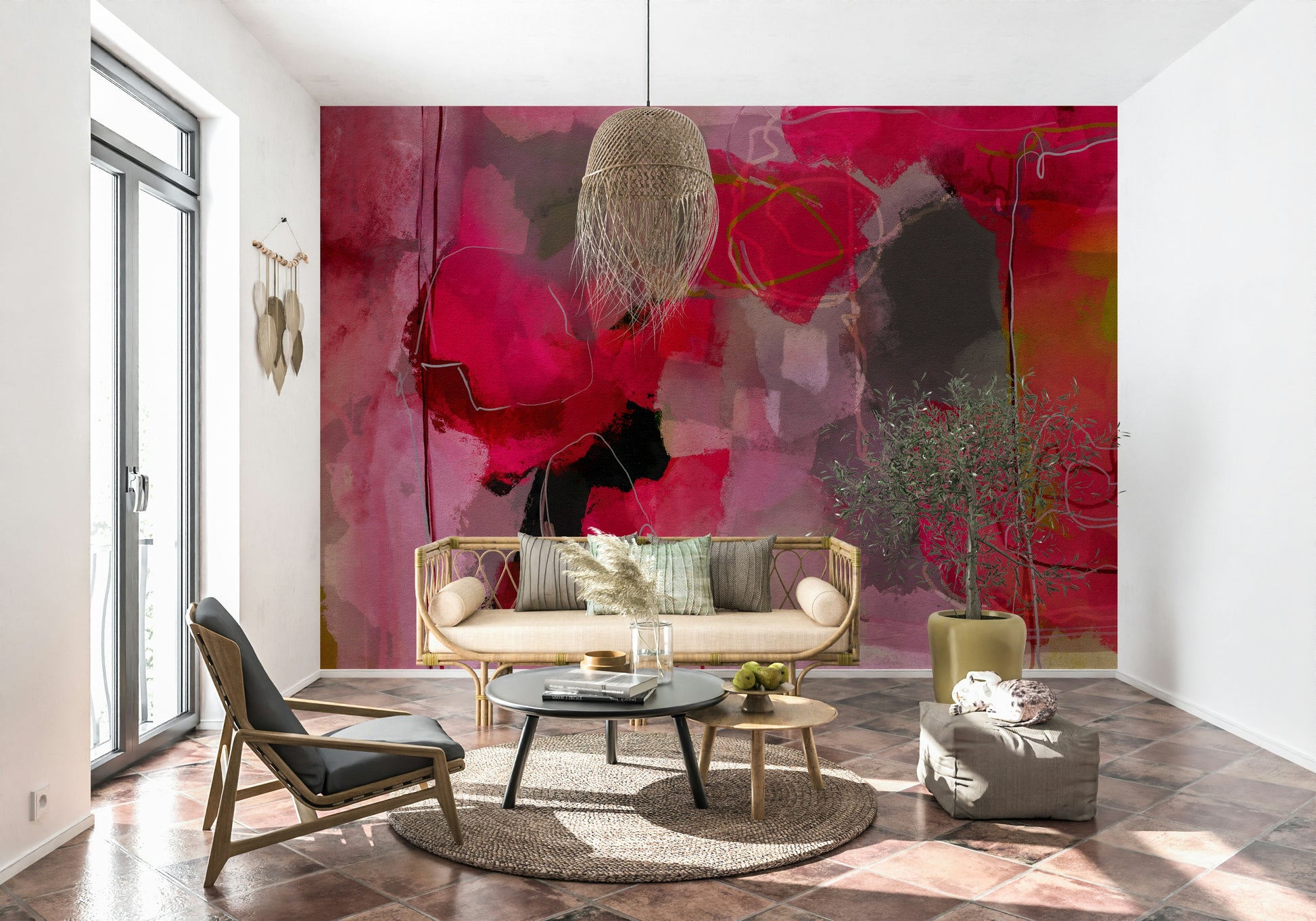 Dynamic Pink Abstract Wall Mural – Bold pink strokes and layered textures creating a modern artistic statement.