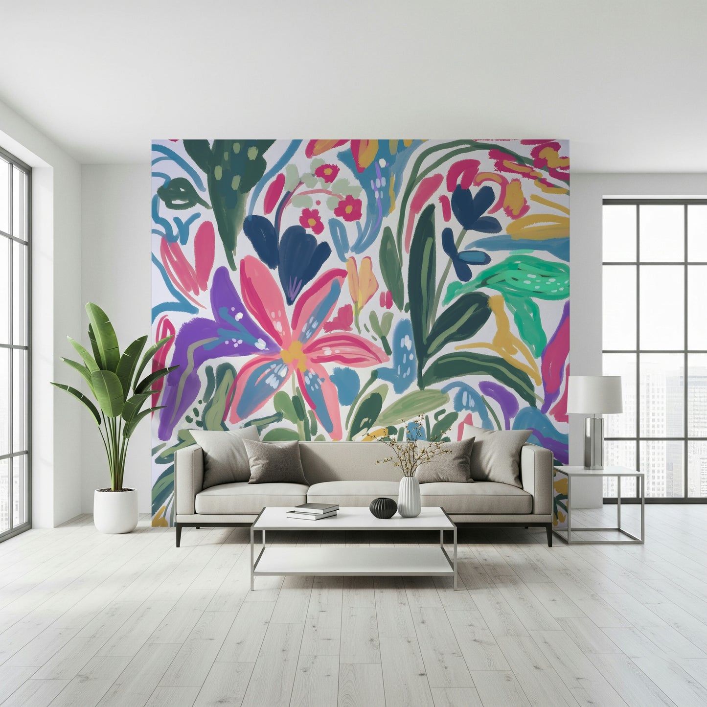Floral Wall Mural – Vibrant Bloomscape – Lush garden-inspired mural with bright blossoms and greenery for cheerful wall décor.