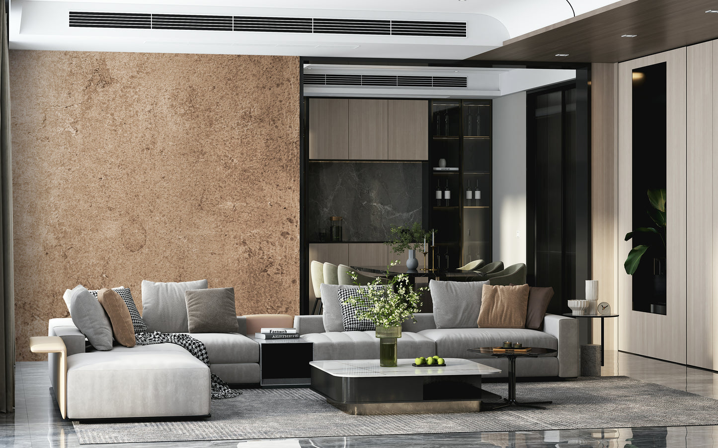 Faux Leather Peach Mural – Aged leather-effect wallpaper in gentle peach tones, ideal for feature walls or living spaces.