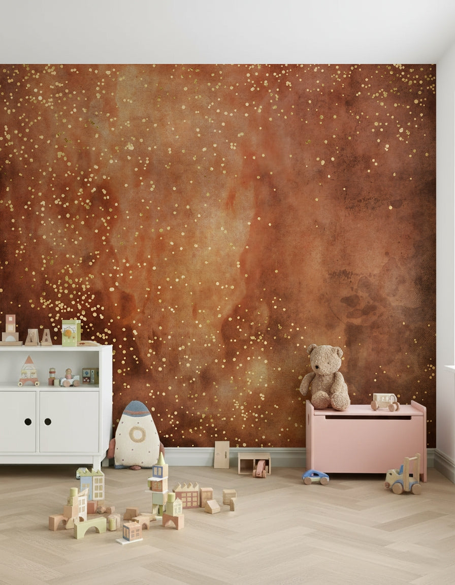 Red and Orange Galaxy Wall Mural – Energetic cosmic scene with radiant light bursts and fiery dust clouds.