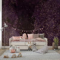Aubergine Galaxy Wall Mural – Deep purple and violet cosmic design with twinkling stars and swirling nebula, perfect for modern home interiors.