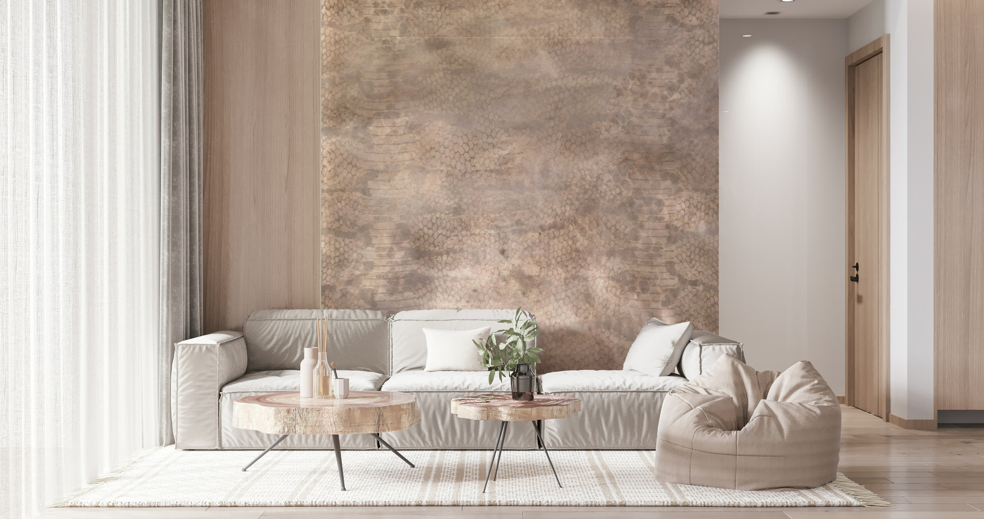 Decorative wall mural with shimmering rose gold snakeskin patterns for a luxurious look.
