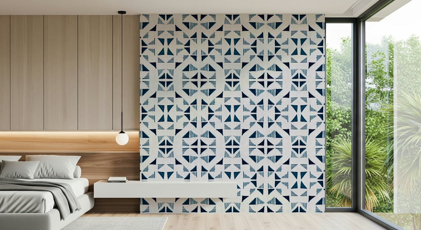 Triangles design wallpaper with overlapping triangles in teal, azure, and soft gray shades.
