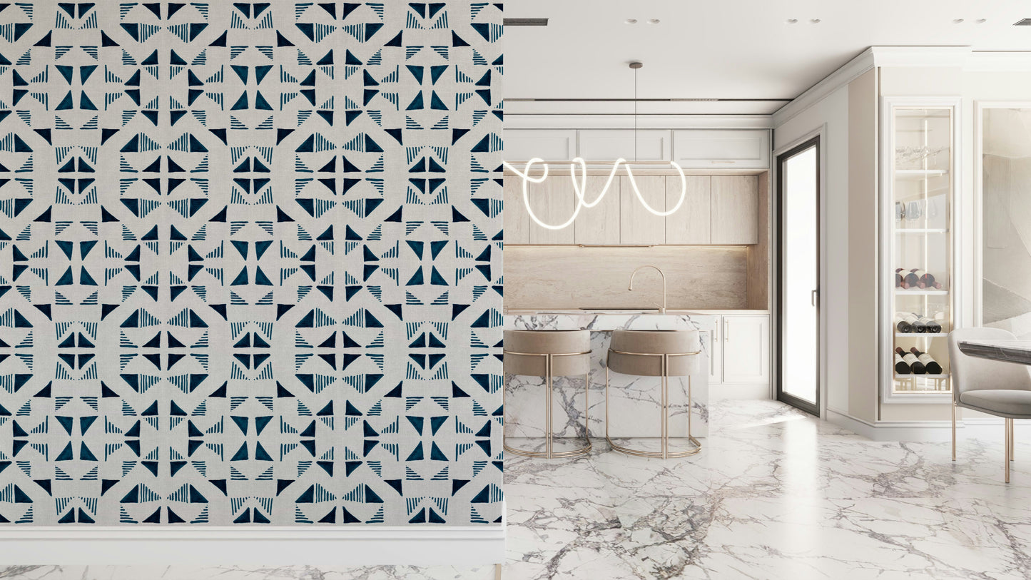 Abstract triangle pattern wallpaper in cool blue hues for a contemporary interior look.