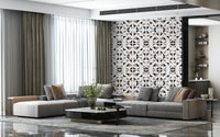 Modern geometric wall mural with layered triangles in deep brown and warm neutral shades.