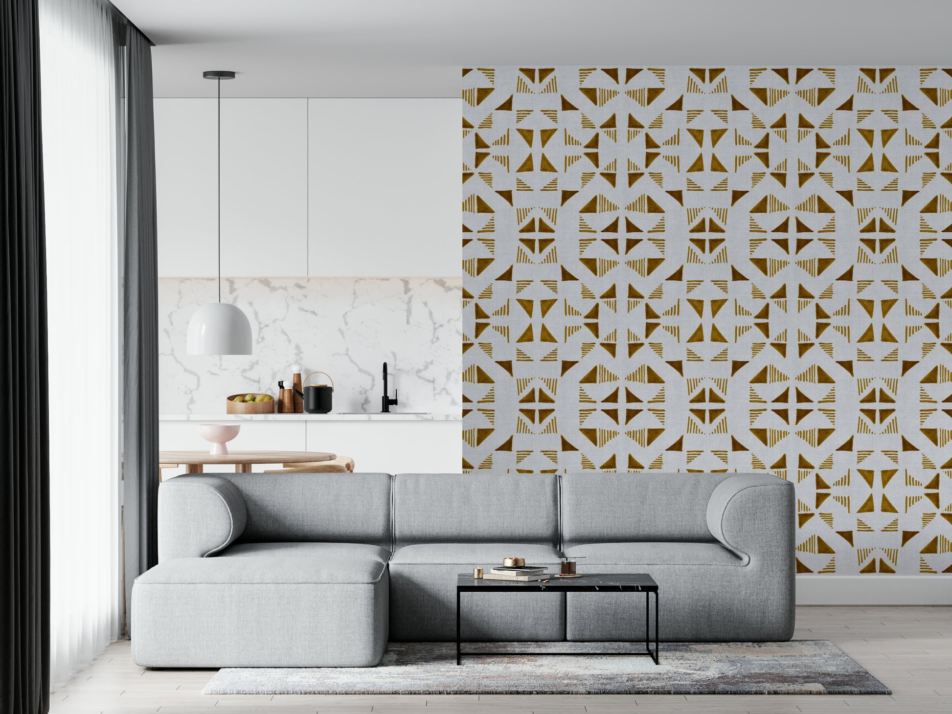 Golden geometric wallpaper with layered triangle shapes adding a rich, stylish accent wall.