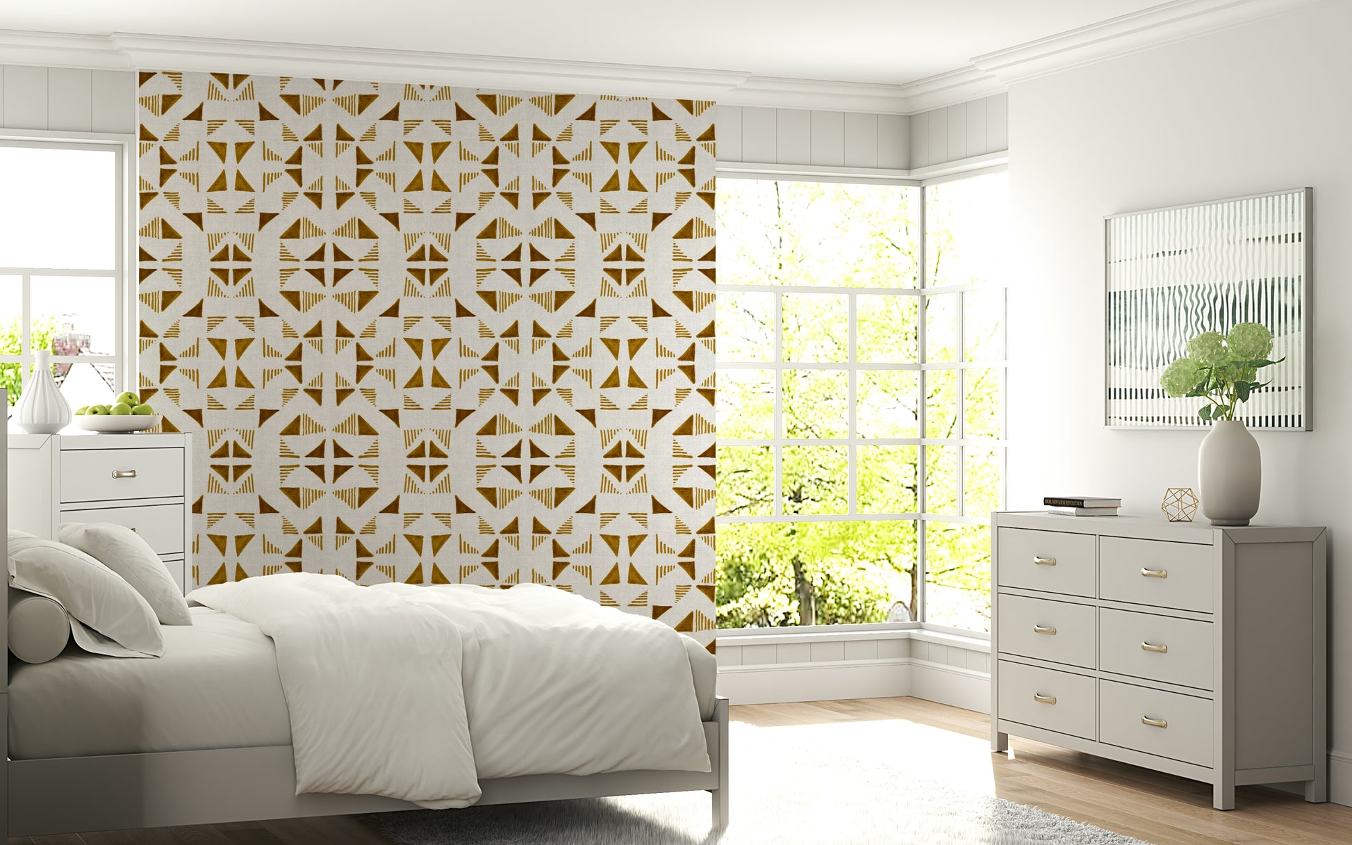 Geometric wallpaper with layered triangles in golden tones for a luxurious interior finish.