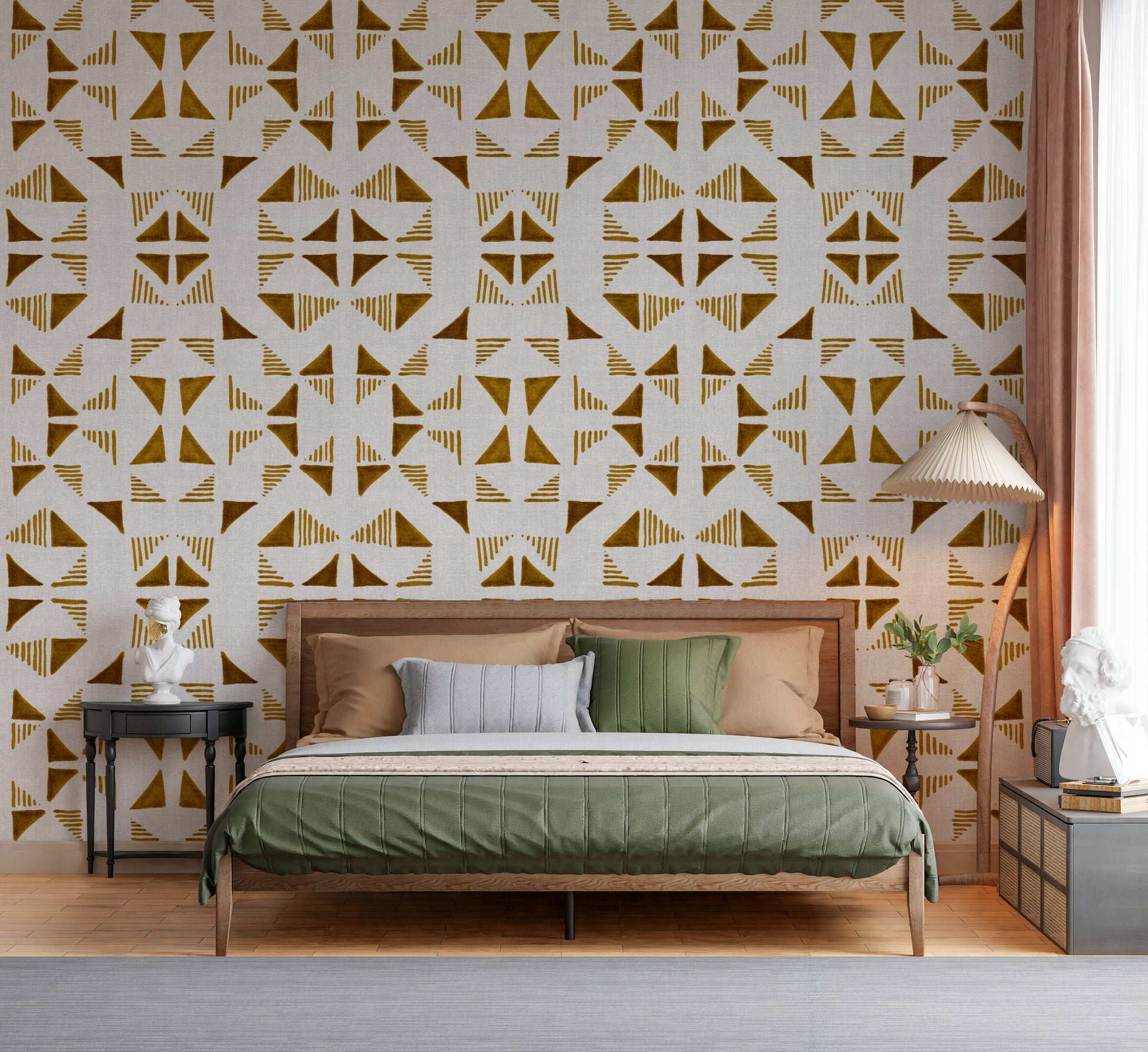 Triangles wallpaper in warm golden hues creating a cozy and elegant accent wall.