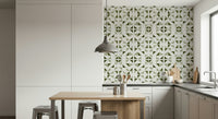 Light Olive geometric wallpaper featuring layered triangle shapes for a natural, modern vibe.