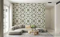 Triangles wallpaper in light olive tones creating a calm and contemporary accent wall.