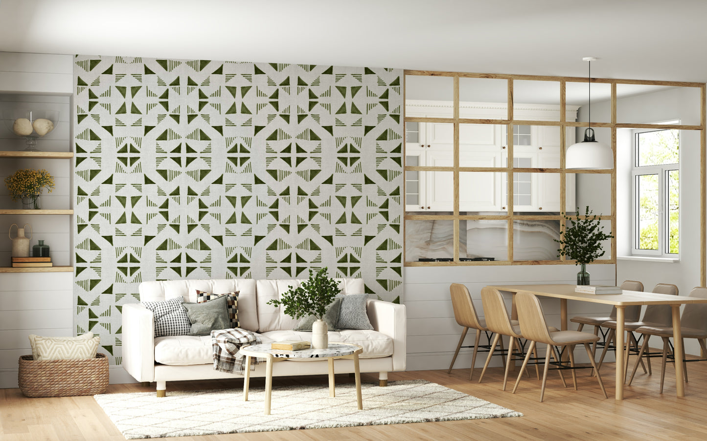 Modern geometric wall mural featuring layered triangles in light olive and neutral shades.