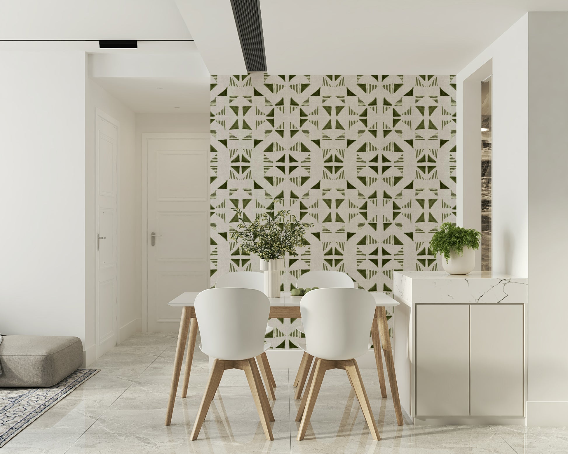 Stylish abstract triangle mural in light olive, soft moss, and neutral tones for cozy spaces.