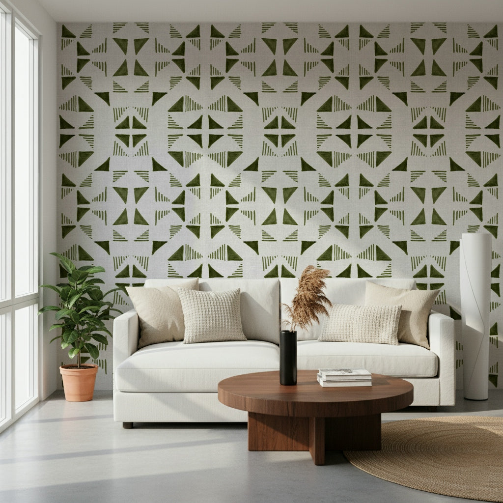 Triangles Composition Light Olive Wallpaper with geometric triangles in soft olive and beige tones.