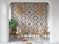 Abstract triangle pattern wallpaper in rich mocha hues for cozy, contemporary interiors.