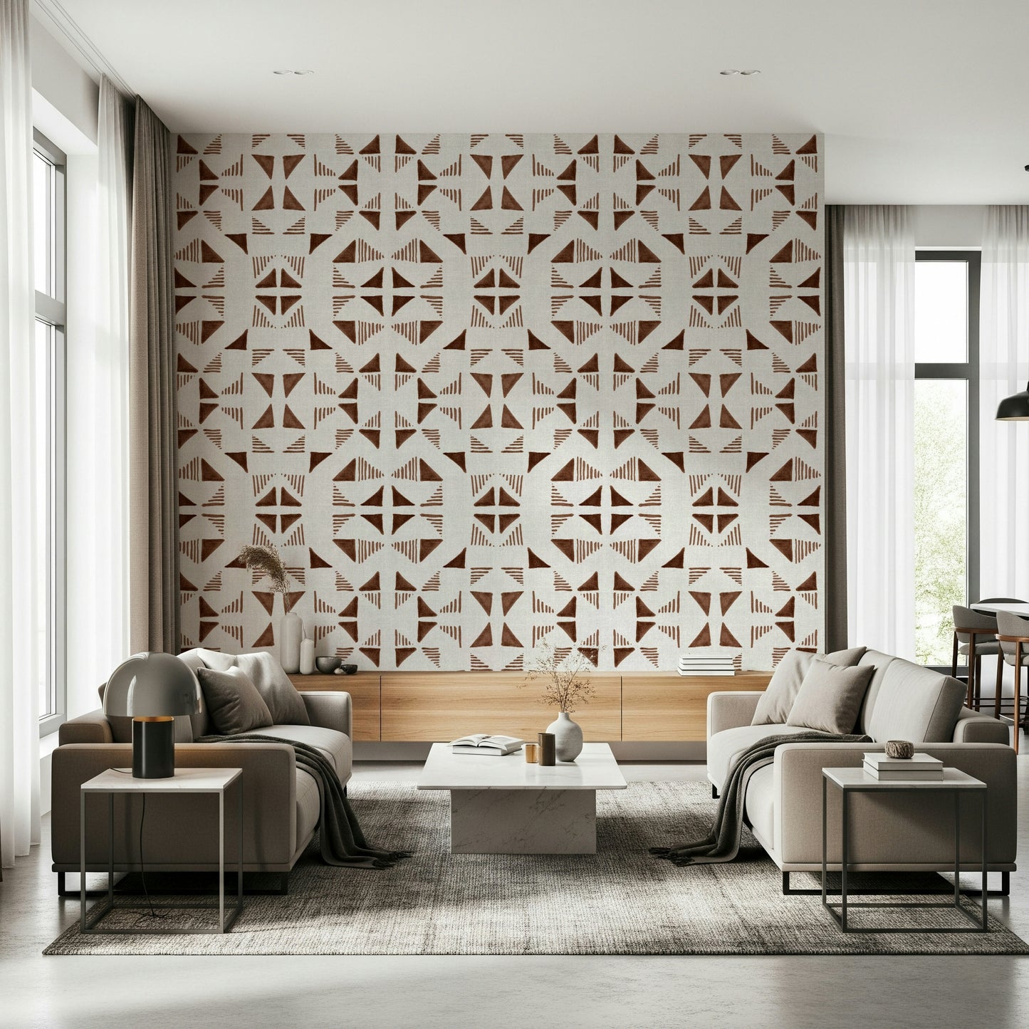 Warm geometric wallpaper with layered triangle shapes in earthy coffee colors.