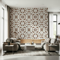 Warm geometric wallpaper with layered triangle shapes in earthy coffee colors.