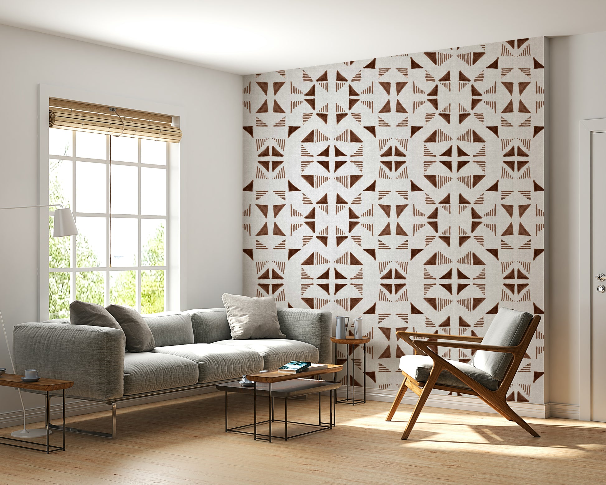 Stylish abstract triangle mural in mocha, caramel, and beige tones for sophisticated interiors.