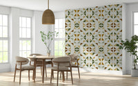 Modern wallpaper design with triangles in shades of forest green, olive, and soft beige.