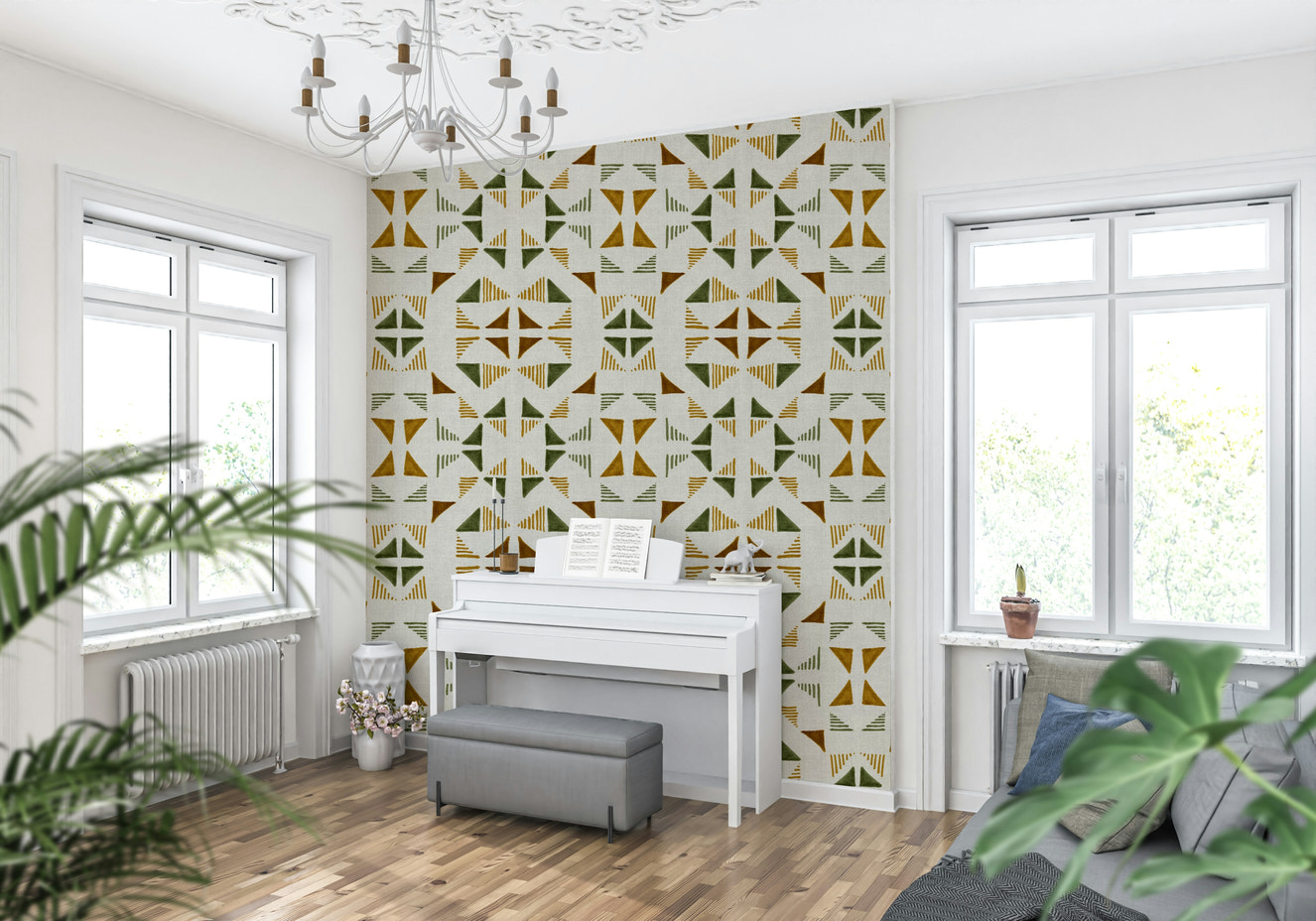 Triangles Composition Foliage Wallpaper featuring geometric shapes in green and earthy foliage tones.