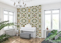 Triangles Composition Foliage Wallpaper featuring geometric shapes in green and earthy foliage tones.