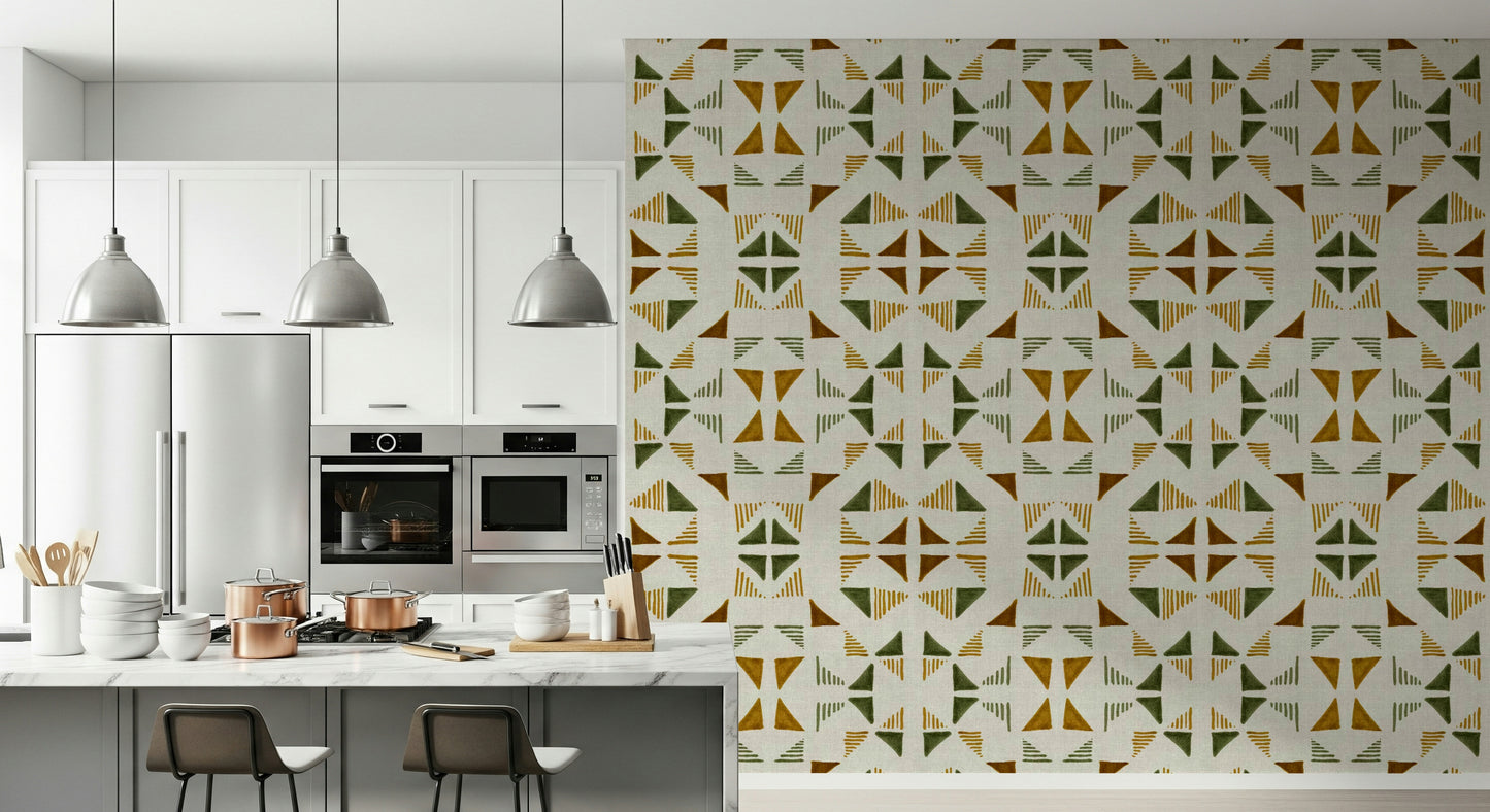 Geometric wallpaper featuring triangles in rich foliage colors for a nature-inspired look.