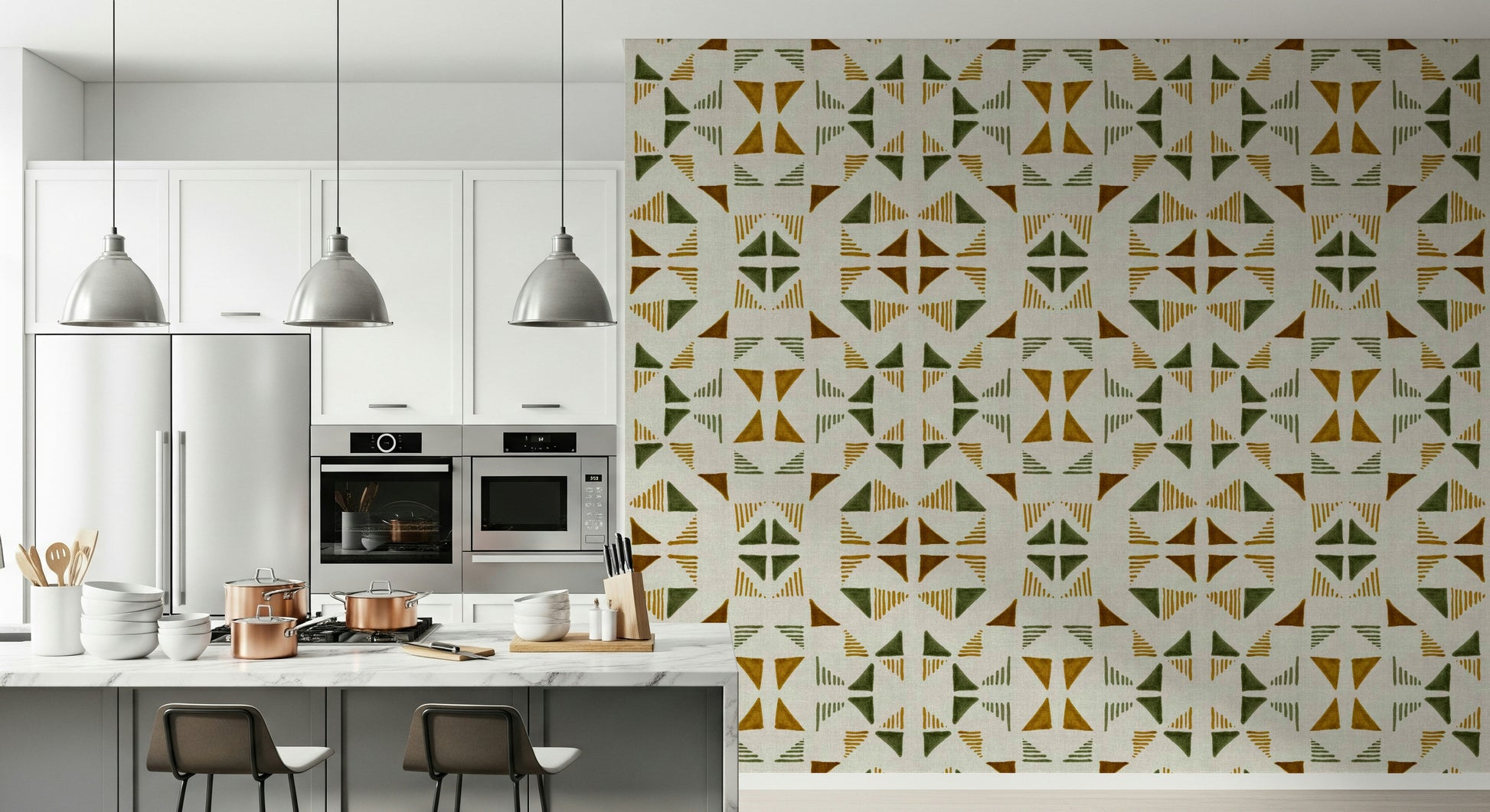Geometric wallpaper featuring triangles in rich foliage colors for a nature-inspired look.